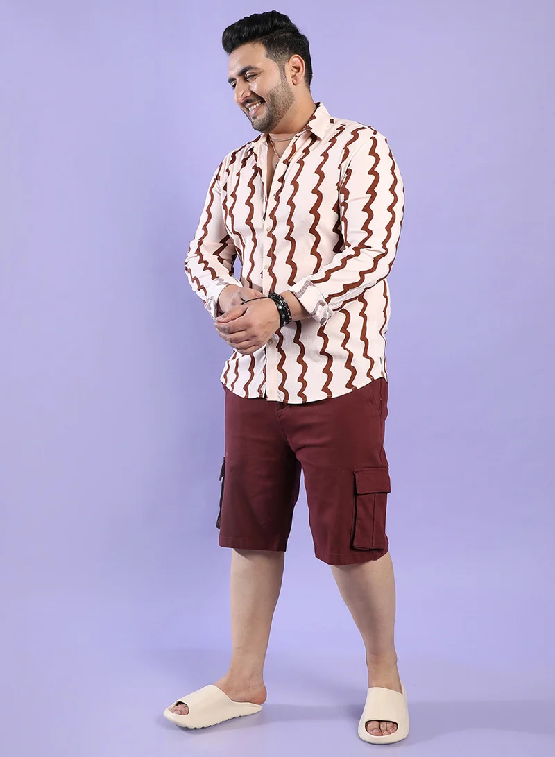 Instafab Plus Instafab Plus Men's Beige & Brown Contrast Paint Lines Shirt For Casual Wear | Spread Collar | Long Sleeve | Button Closure | Viscose Slub Lycra Shirt Crafted With Comfort Fit For Everyday Wear