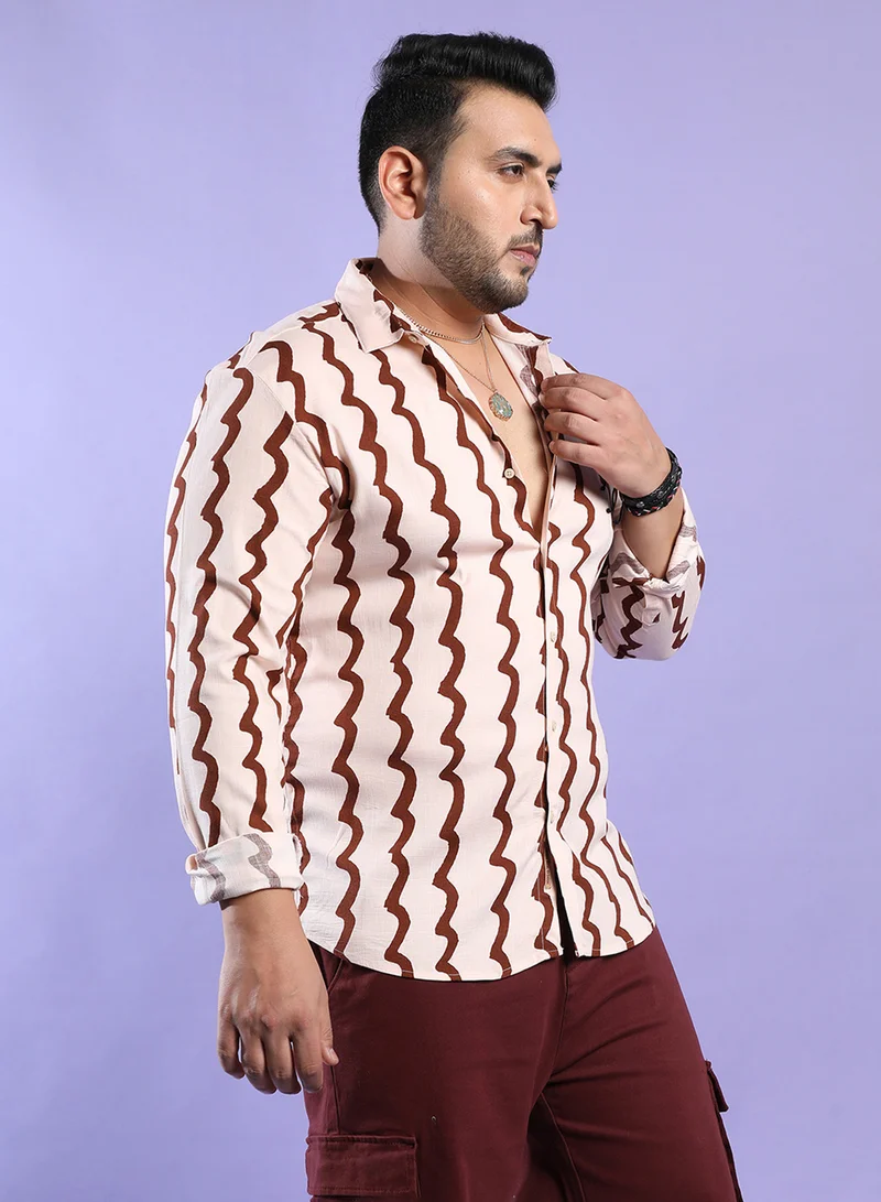 Instafab Plus Instafab Plus Men's Beige & Brown Contrast Paint Lines Shirt For Casual Wear | Spread Collar | Long Sleeve | Button Closure | Viscose Slub Lycra Shirt Crafted With Comfort Fit For Everyday Wear