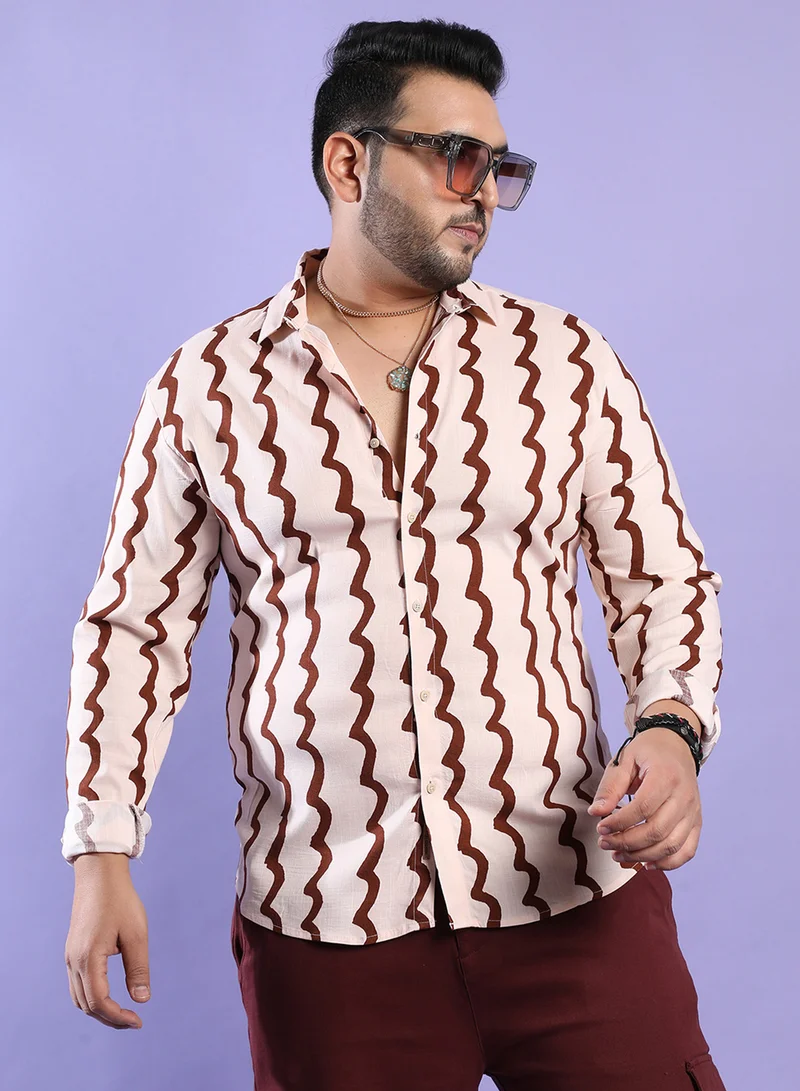 Instafab Plus Instafab Plus Men's Beige & Brown Contrast Paint Lines Shirt For Casual Wear | Spread Collar | Long Sleeve | Button Closure | Viscose Slub Lycra Shirt Crafted With Comfort Fit For Everyday Wear