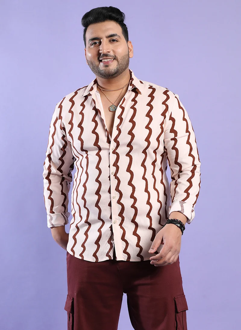 Instafab Plus Instafab Plus Men's Beige & Brown Contrast Paint Lines Shirt For Casual Wear | Spread Collar | Long Sleeve | Button Closure | Viscose Slub Lycra Shirt Crafted With Comfort Fit For Everyday Wear