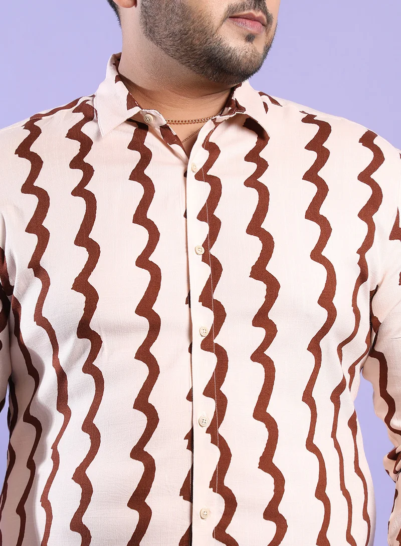 Instafab Plus Instafab Plus Men's Beige & Brown Contrast Paint Lines Shirt For Casual Wear | Spread Collar | Long Sleeve | Button Closure | Viscose Slub Lycra Shirt Crafted With Comfort Fit For Everyday Wear
