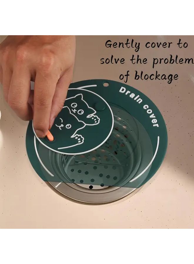 Green Double Layer Hello Cat Round Soft Silicone Drain Stopper Foldable Non Slip Drain Cover For Bathtub Shower Sinks - Image 3