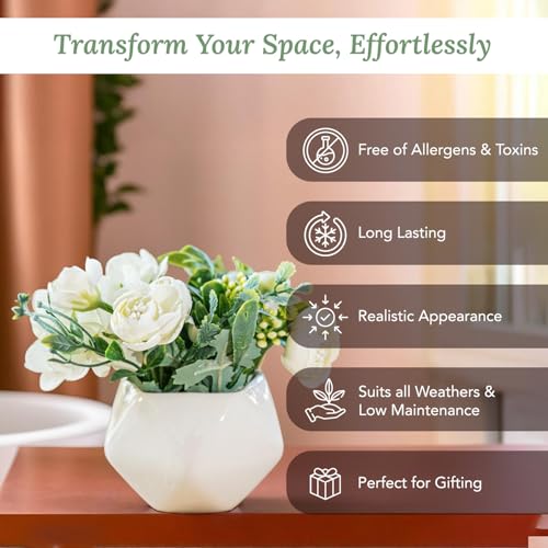 Ekhasa Nostrae White Rose Ceramic Flower Vase with Artificial Flowers Plant | Small Daisy Flower Pots with Artificial Flowers for Home Decor Table Showpiece Living Room Office Wedding & Gift - Image 4