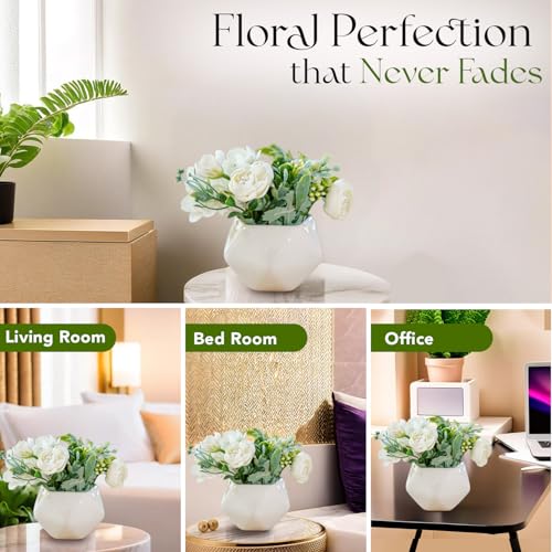 Ekhasa Nostrae White Rose Ceramic Flower Vase with Artificial Flowers Plant | Small Daisy Flower Pots with Artificial Flowers for Home Decor Table Showpiece Living Room Office Wedding & Gift - Image 5