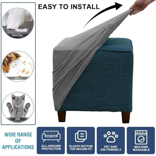 Bifaunvogel Bifaun Vogel Ottoman Cover Square Jacquard Stretch Ottoman Slipcovers Thick Folding Storage Covers Square Footstool Protector with Elastic Bottom for Living Room S in Light Gray - Image 4