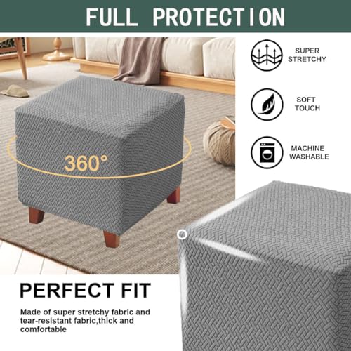 Bifaunvogel Bifaun Vogel Ottoman Cover Square Jacquard Stretch Ottoman Slipcovers Thick Folding Storage Covers Square Footstool Protector with Elastic Bottom for Living Room S in Light Gray - Image 3