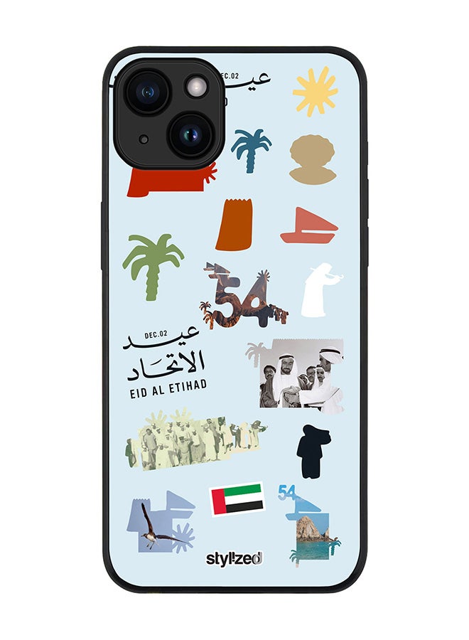 Stylizedd Cover for iPhone 15 Plus Case, Rugged Black Slim fit Soft Flexible Anti Drop TPU Gel Thin Protective Phone Cases- Eid Al Etihad 54th UAE National Day, Light Blue - Image 1