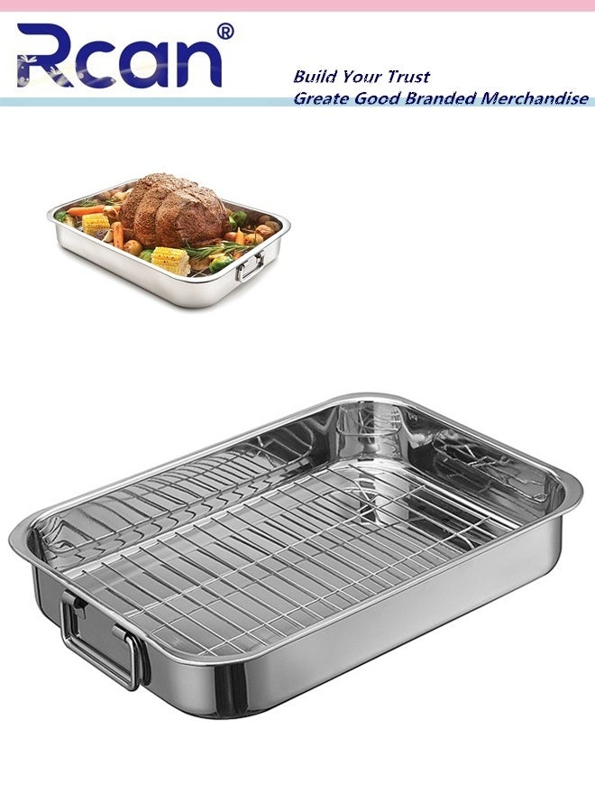 Rcan Premium Stainless Steel Roasting Pan with Grill Rack Meatloaf Pan With Drain Tray With Rack Rectangular Roaster Compatible with All Hob Types Except Induction Sturdy & Heavy Duty Removable Grill, Roasting Tin with Handles  - Image 1