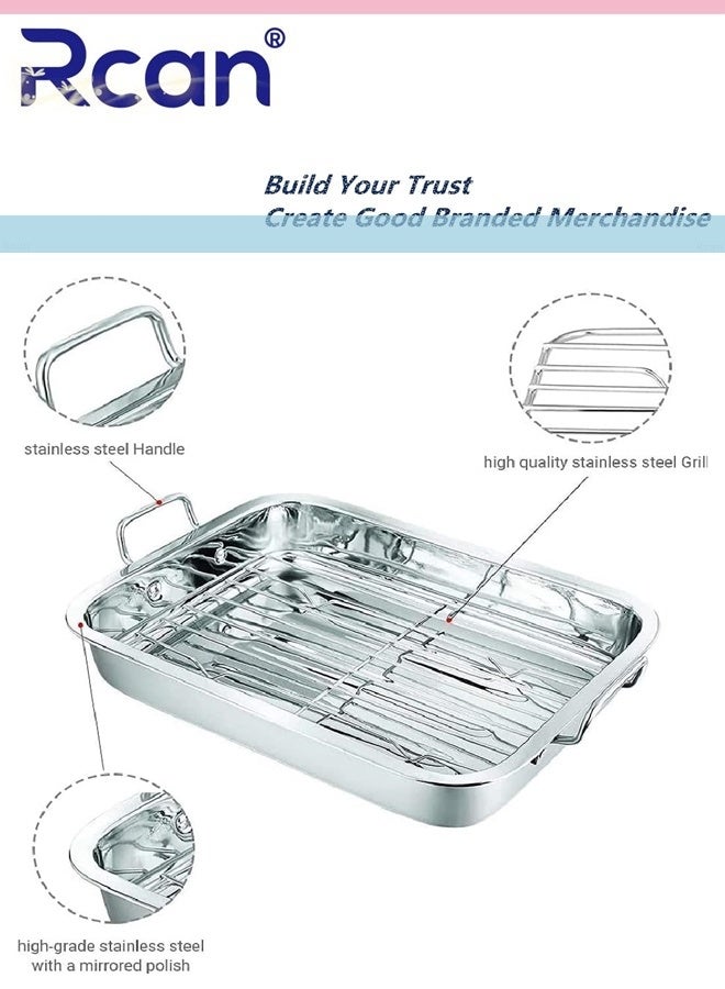 Rcan Premium Stainless Steel Roasting Pan with Grill Rack Meatloaf Pan With Drain Tray With Rack Rectangular Roaster Compatible with All Hob Types Except Induction Sturdy & Heavy Duty Removable Grill, Roasting Tin with Handles  - Image 2