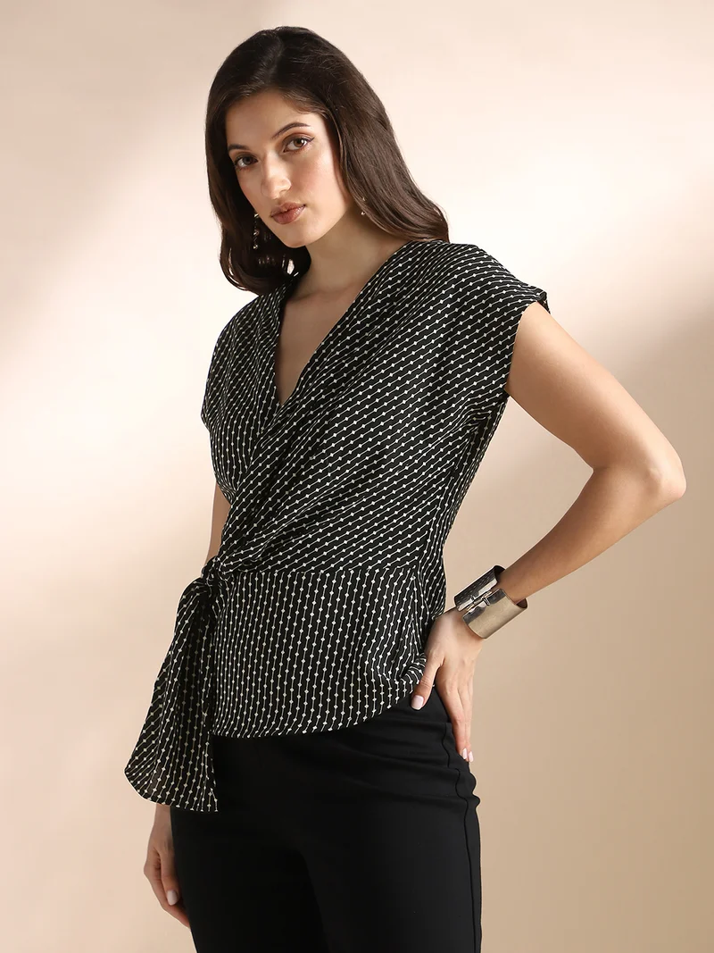 globus Globus Women Black & White Wrap V-Neck Extended Sleeves Abstract Print Twisted Detail Workwear Top