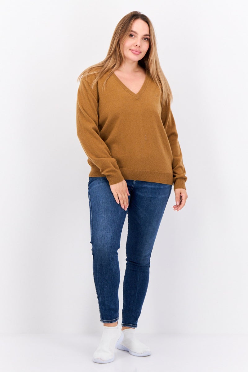 GANT Women V-Neck Embroidered Logo Sweater, Tan - Image 4