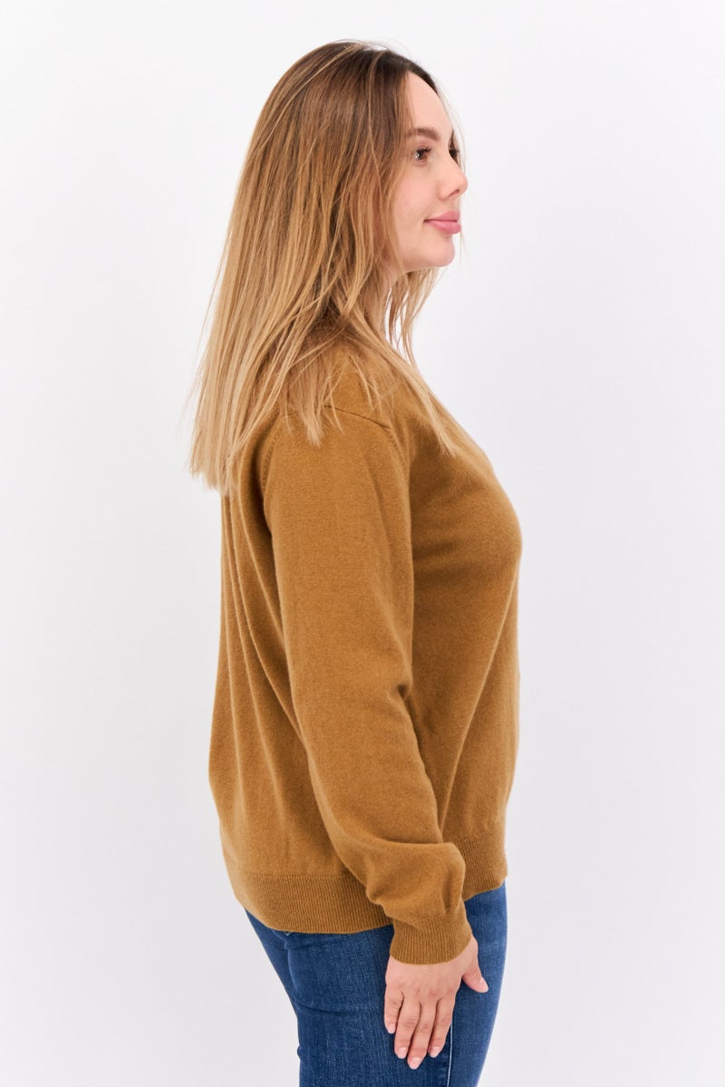 GANT Women V-Neck Embroidered Logo Sweater, Tan - Image 2