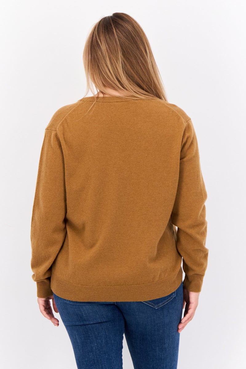 GANT Women V-Neck Embroidered Logo Sweater, Tan - Image 3