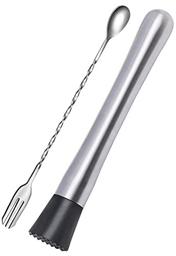 Ortarco 10 Inch Stainless Steel Muddler for Cocktail and 10 Inch Mixing Bar Spoon 2 Pices Home Bar Tool Set