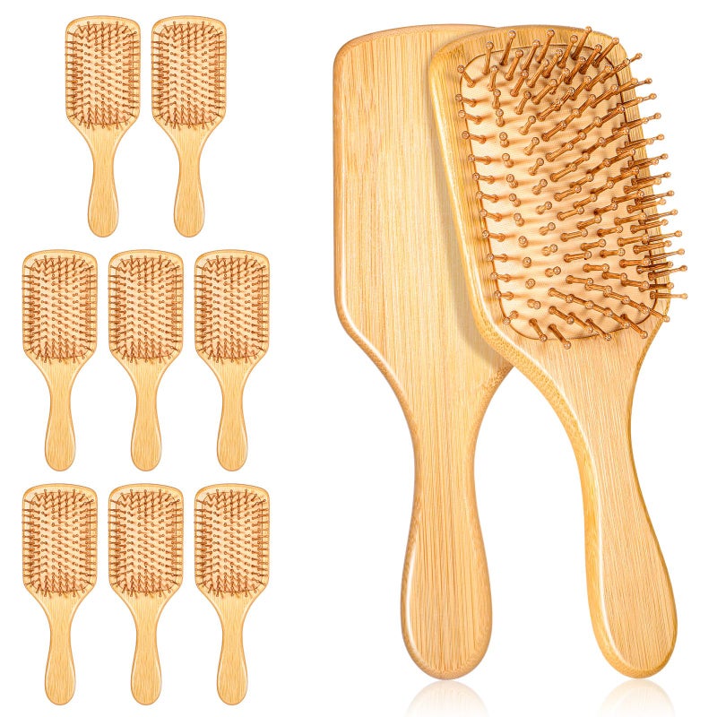 Zyghjort 10 Pcs Bamboo Hair Brushes Bulk Anti Static Wooden Paddle Brush with Ergonomic Handle Round-tipped Bamboo Bristles Detangling Brush Paddle for Scalp Massage & Detangling, 9.65'' X 3.35'' - Image 1