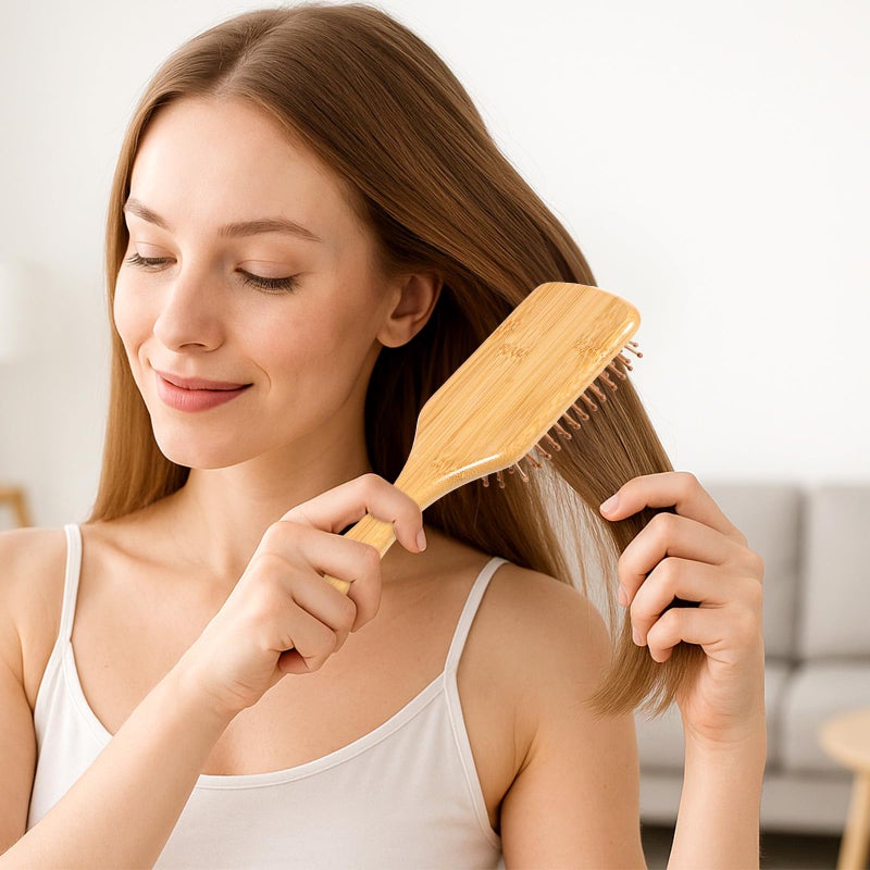 Zyghjort 10 Pcs Bamboo Hair Brushes Bulk Anti Static Wooden Paddle Brush with Ergonomic Handle Round-tipped Bamboo Bristles Detangling Brush Paddle for Scalp Massage & Detangling, 9.65'' X 3.35'' - Image 5