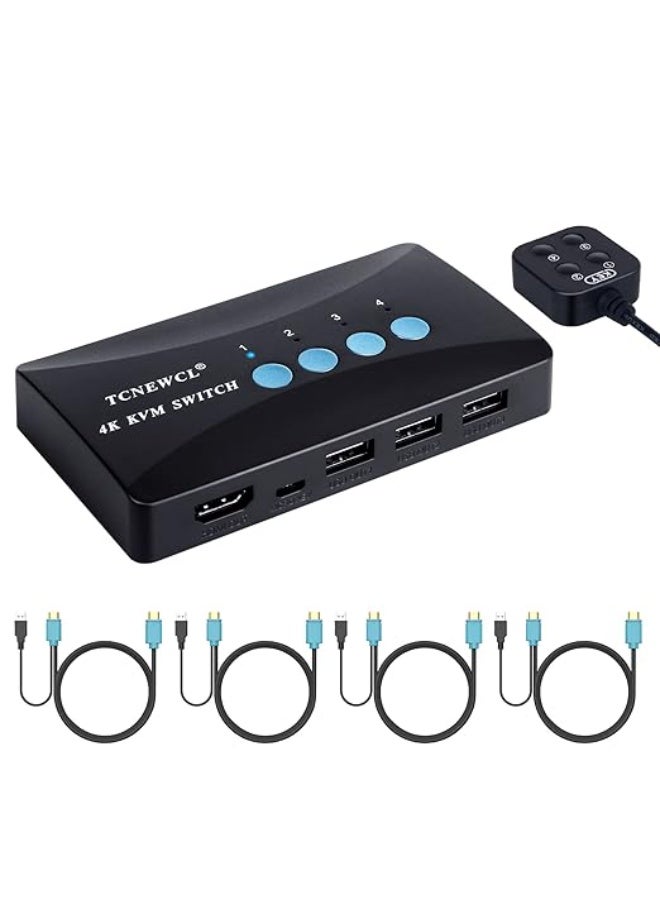 KVM Switch 4 Port, HDMI KVM Switcher 4Kx2K@30Hz for 4 Computers Sharing 1 HD Monitor and 3 USB Devices Keyboard Mouse Printer,Including 4*KVM Cables &1* Wire Desktop Controller - Image 1