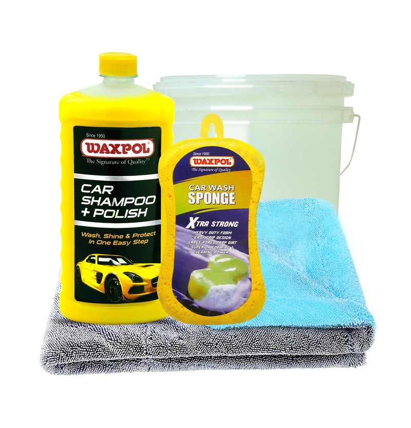 Waxpol Car Shampoo + Polish Concentrate 1 Litre with Microfiber Towel, Jumbo Sponge & Free Bucket | High Shine, Rich Smooth Feel | Snow Foam Compatible, pH-Balanced - Image 1