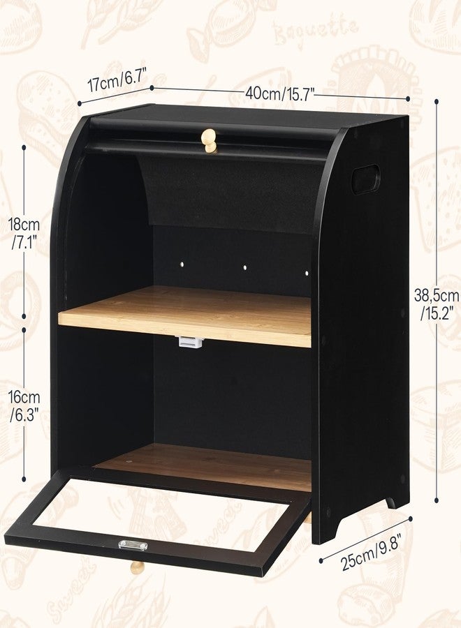 HOOBRO Bread Box, Bamboo Bread Box for Kitchen Countertop, 2 Tier Roll-Top Bread Bin, Food Storage Box, Large Capacity Keeper, Wooden Storage Cabinet, for Kitchen, Dining Room, Black BK13MB01 - Image 2