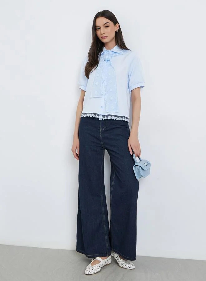 Take Two Take Two Light Blue Lace Trimmed Short Sleeve Shirt