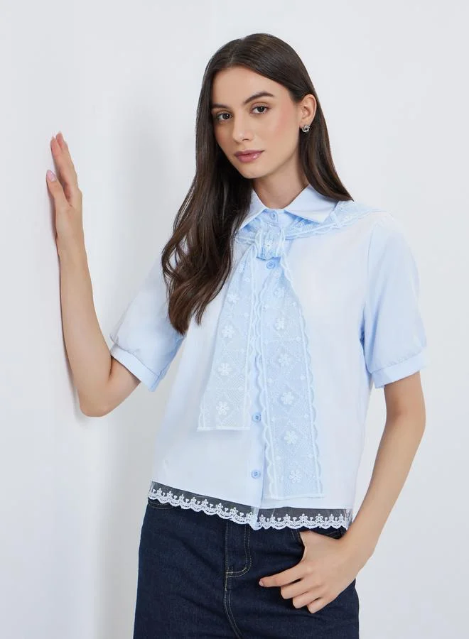 Take Two Take Two Light Blue Lace Trimmed Short Sleeve Shirt