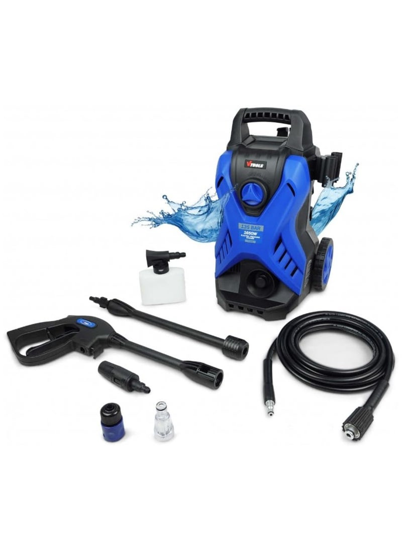 VTOOLS VTOOLS 135 Bar Electric Pressure Washer With 2 Wheels, 5 Meter Hose, Soap Dispenser, 1650 Watt, Auto Stop and Self Priming Mode, For Car, Home & Garden, Blue  - Image 2