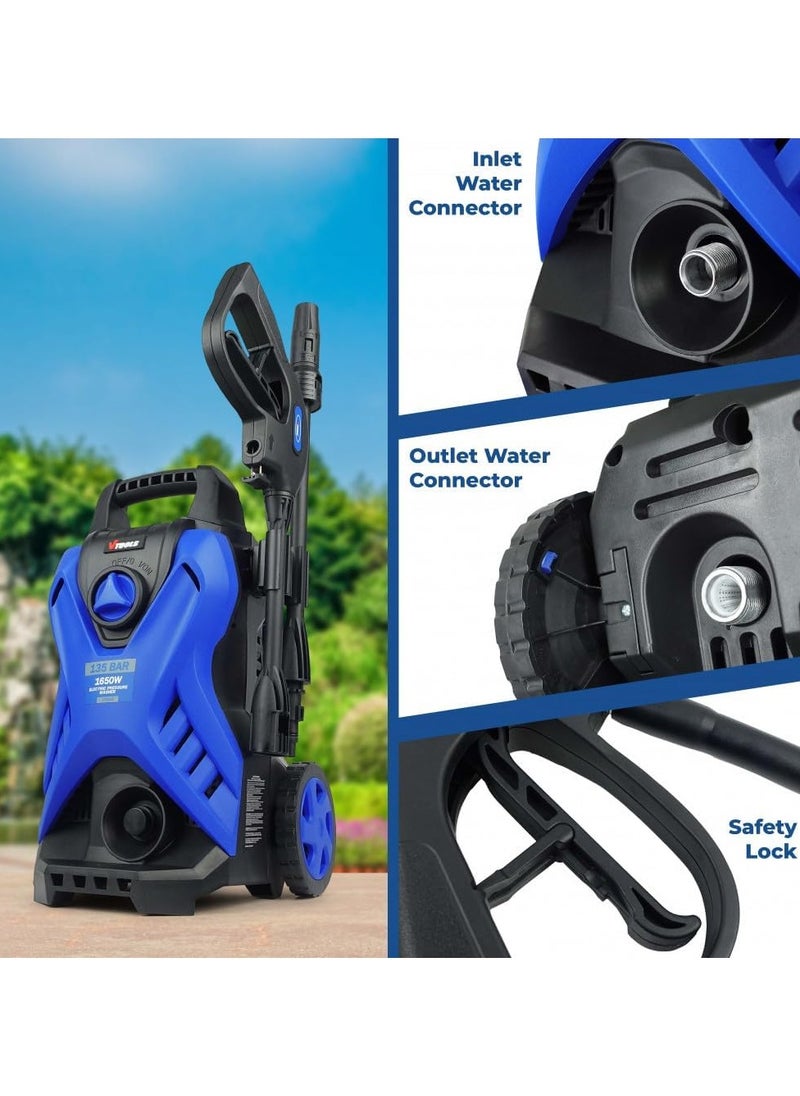 VTOOLS VTOOLS 135 Bar Electric Pressure Washer With 2 Wheels, 5 Meter Hose, Soap Dispenser, 1650 Watt, Auto Stop and Self Priming Mode, For Car, Home & Garden, Blue  - Image 3