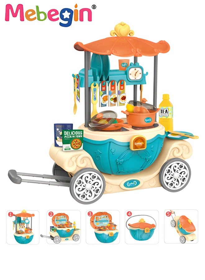 MEBEGIN مجموعة ألعاب التظاهر بالمطبخ، عربة اليقطين 6 في 1 مجموعة أدوات ملحقات المطبخ مع قضيب تلسكوبي، ألعاب تعليمية للأطفال، هدايا للأعمار من 3 سنوات فما فوق - Image 2