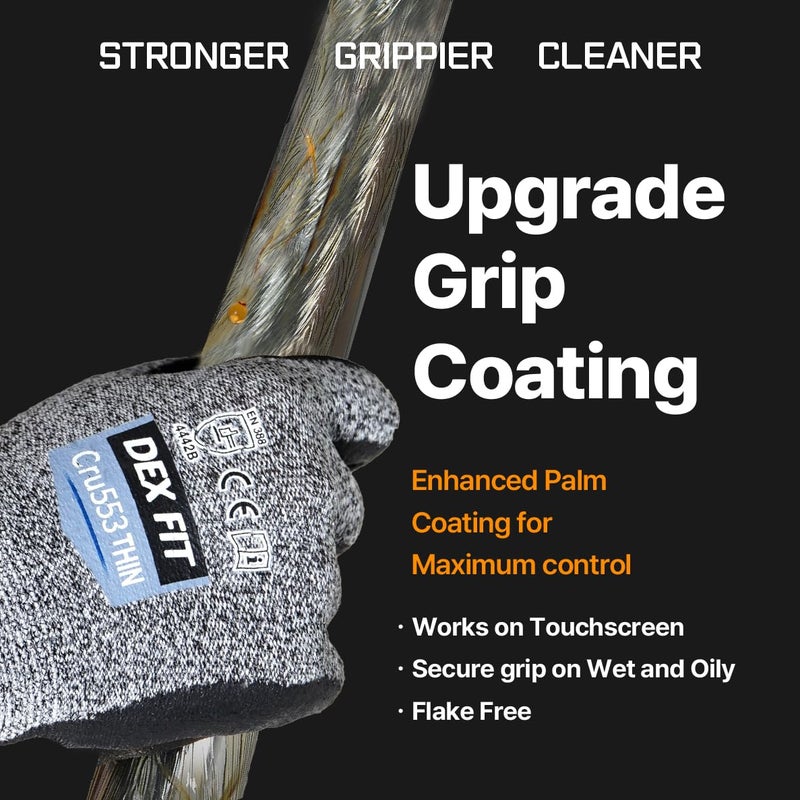 DEX FIT Level 5 Extreme Cut Resistant Gloves Cru553 Thin, Non-Slip Power Grip, Professional Grade 3D Comfort Fit, Thin & Lightweight, Breathable, Touchscreen Compatible, Itch-Free; Grey M (8) - Image 3