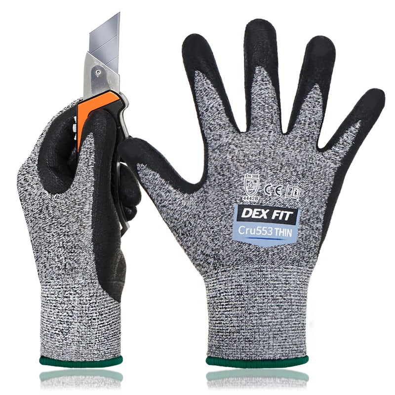 DEX FIT Level 5 Extreme Cut Resistant Gloves Cru553 Thin, Non-Slip Power Grip, Professional Grade 3D Comfort Fit, Thin & Lightweight, Breathable, Touchscreen Compatible, Itch-Free; Grey M (8) - Image 1