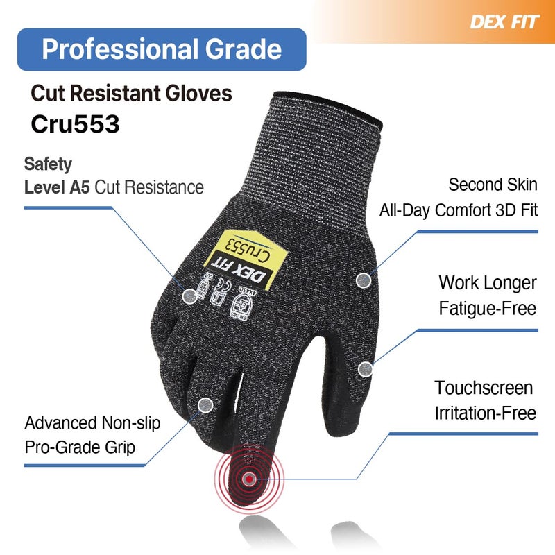 DEX FIT Level 5 Extreme Cut Resistant Gloves Cru553 Thin, Non-Slip Power Grip, Professional Grade 3D Comfort Fit, Thin & Lightweight, Breathable, Touchscreen Compatible, Itch-Free; Grey M (8) - Image 2