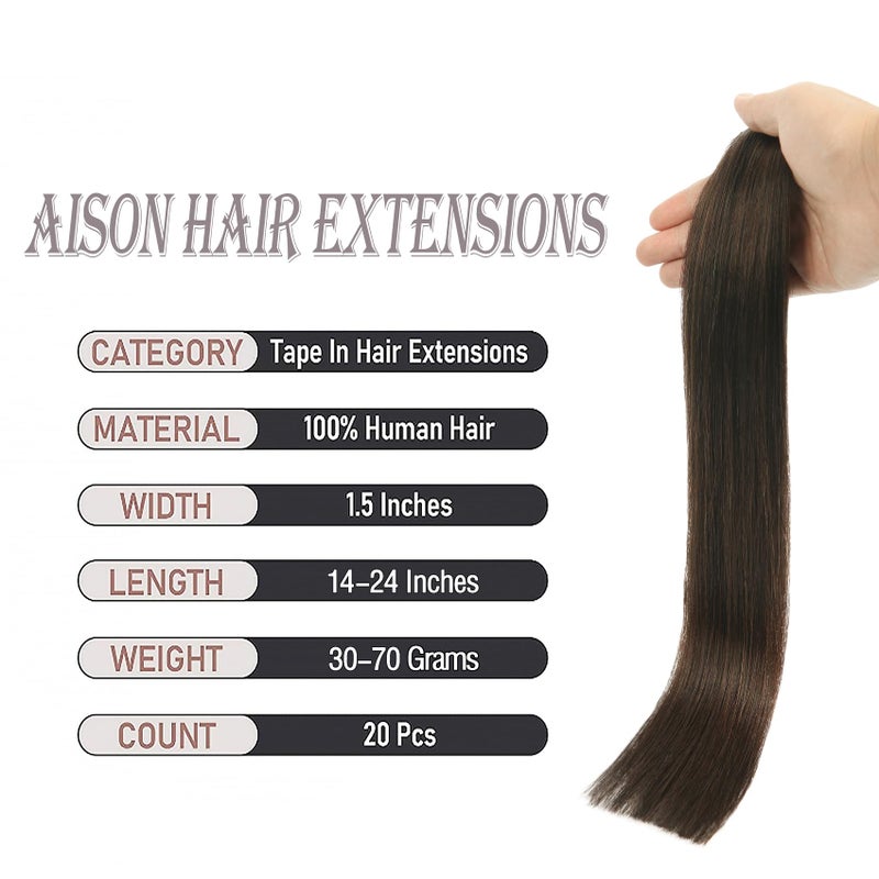 Aison Tape in Hair Extensions Human Hair Dark Brown 100% Remy Human Hair Extensions Silky Straight Tape in Hair Extensions Human Hair 20 Pcs/Package(20Inch #2 50g) - Image 3