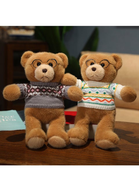 Wedding Teddy Bears Standing Posture Sweater Glasses Couple Plush Toys Heart-Shaped Soft Short Plush Material PP Cotton Filling-Specifications:Print Gray Print White (brown)-Color:30cm