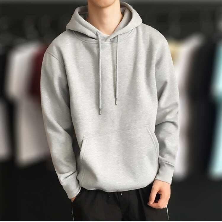 New autumn and winter hooded sweater mens sports loose solid color terry autumn and winter class clothes wholesale sweater long sleeve [Gray] thin hooded - Image 1