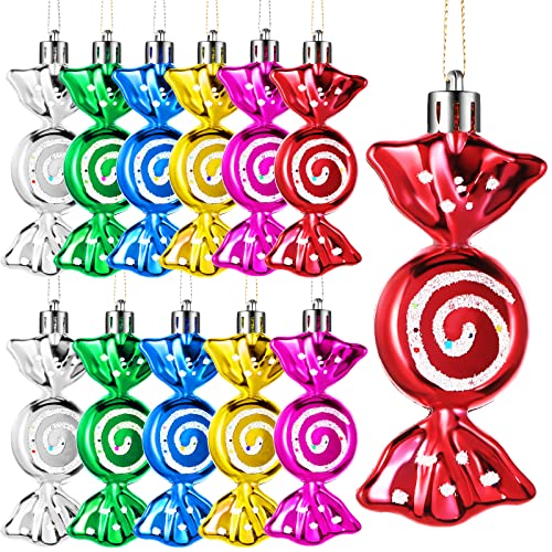 Threan 12 Pcs Christmas Candy Ornaments for Tree Decoration Hanging Glitter Candy Cane Christmas Peppermint Ornament with Golden Rope for Xmas Holiday DecorationMix ColorsPlastic - Image 1
