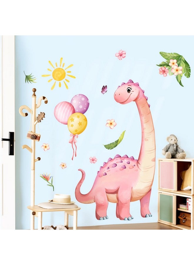 Supzone Large Pink Dinosaur Wall Decals Cartoon Dino Balloon Flower Wall Stickers Peel and Stick Wall Art Decor for Girls Baby Nursery Kids Bedroom Playroom Classroom Toddlers Wall Decor - Image 1