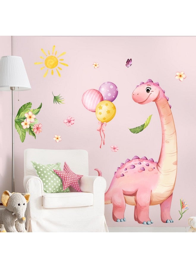 Supzone Large Pink Dinosaur Wall Decals Cartoon Dino Balloon Flower Wall Stickers Peel and Stick Wall Art Decor for Girls Baby Nursery Kids Bedroom Playroom Classroom Toddlers Wall Decor - Image 2