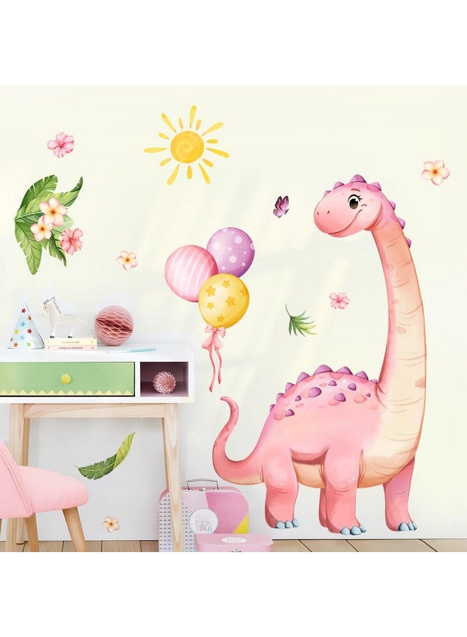 Supzone Large Pink Dinosaur Wall Decals Cartoon Dino Balloon Flower Wall Stickers Peel and Stick Wall Art Decor for Girls Baby Nursery Kids Bedroom Playroom Classroom Toddlers Wall Decor - Image 5