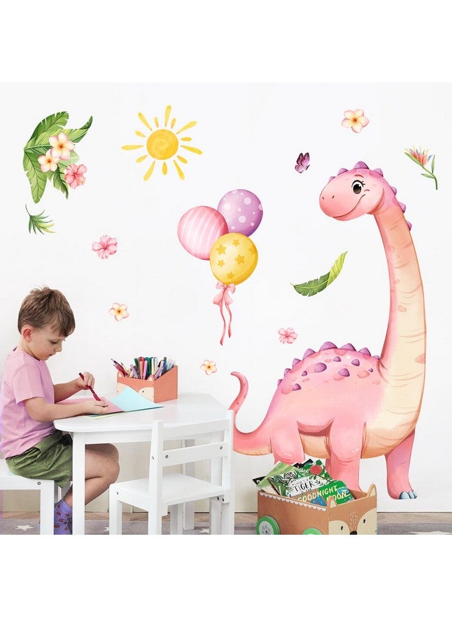 Supzone Large Pink Dinosaur Wall Decals Cartoon Dino Balloon Flower Wall Stickers Peel and Stick Wall Art Decor for Girls Baby Nursery Kids Bedroom Playroom Classroom Toddlers Wall Decor - Image 3
