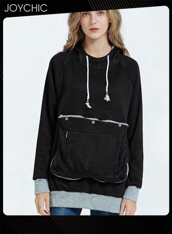 Joychic هودي نسائي دافئ فضفاض بطول متوسط لربيع وخريف بأكمام طويلة مع جيب كبير باللون الأسود - Image 1