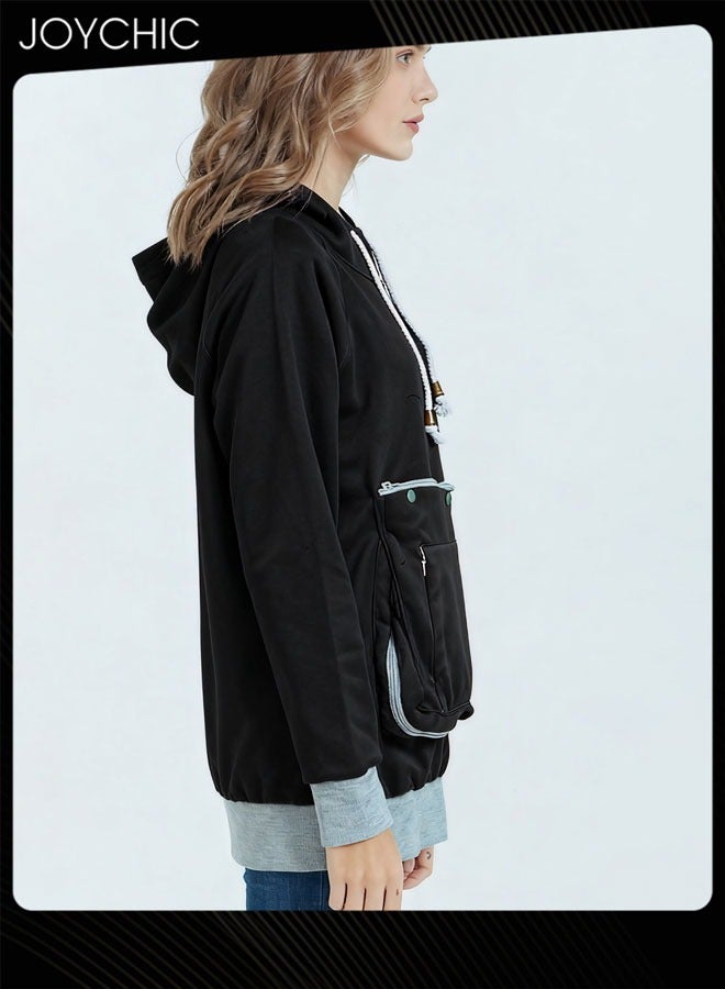 Joychic هودي نسائي دافئ فضفاض بطول متوسط لربيع وخريف بأكمام طويلة مع جيب كبير باللون الأسود - Image 2