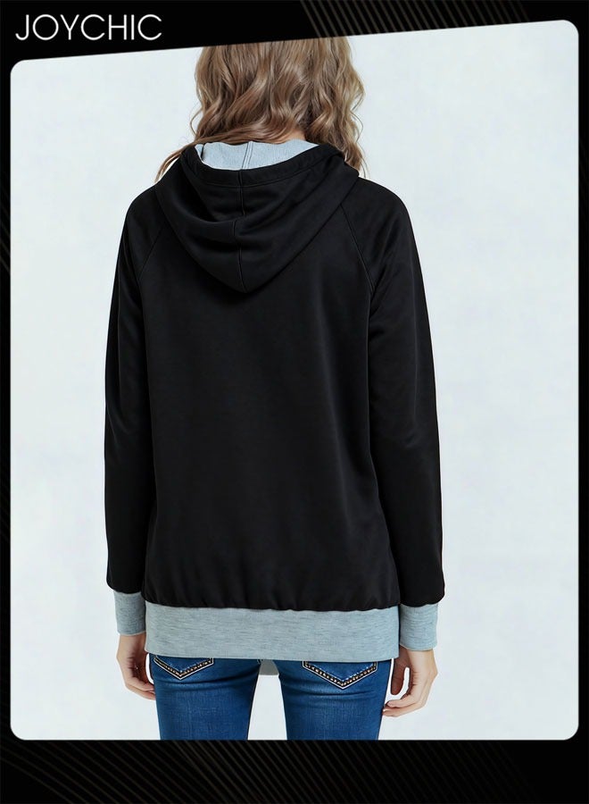 Joychic هودي نسائي دافئ فضفاض بطول متوسط لربيع وخريف بأكمام طويلة مع جيب كبير باللون الأسود - Image 3