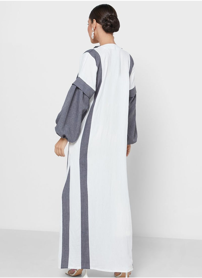 Khizana - Puff Sleeve Color Block Abaya With Sheila - Image 1