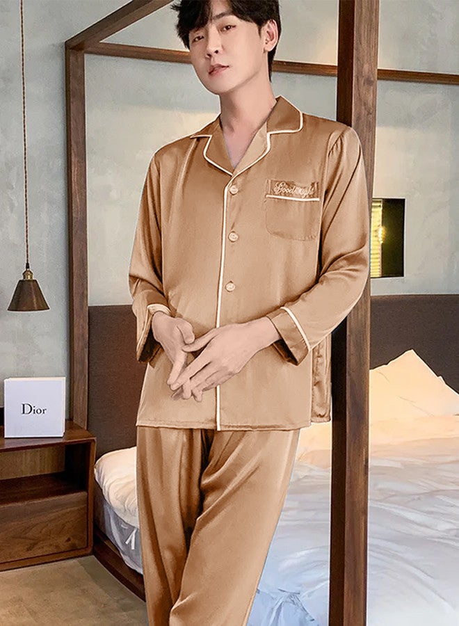 MARGOUN Summer Ice Silk XL Men Pajamas Lace Trim Robe Set Home Service Suit Casual Sleepwear Nightwear Gold