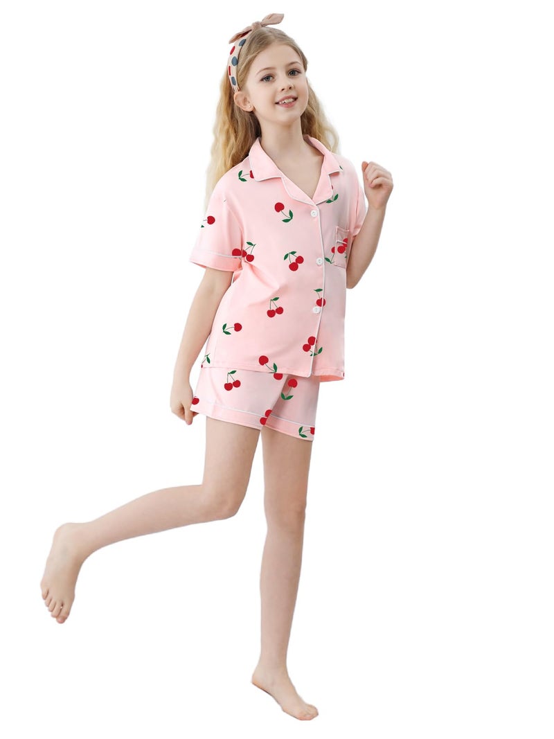 Umeyda Pajamas for Girls Set 3 Piece Sleepwear Button-Down Short Sleeve Pj Set Cute Loungewear, Cherry, 9-10 Years - Image 3