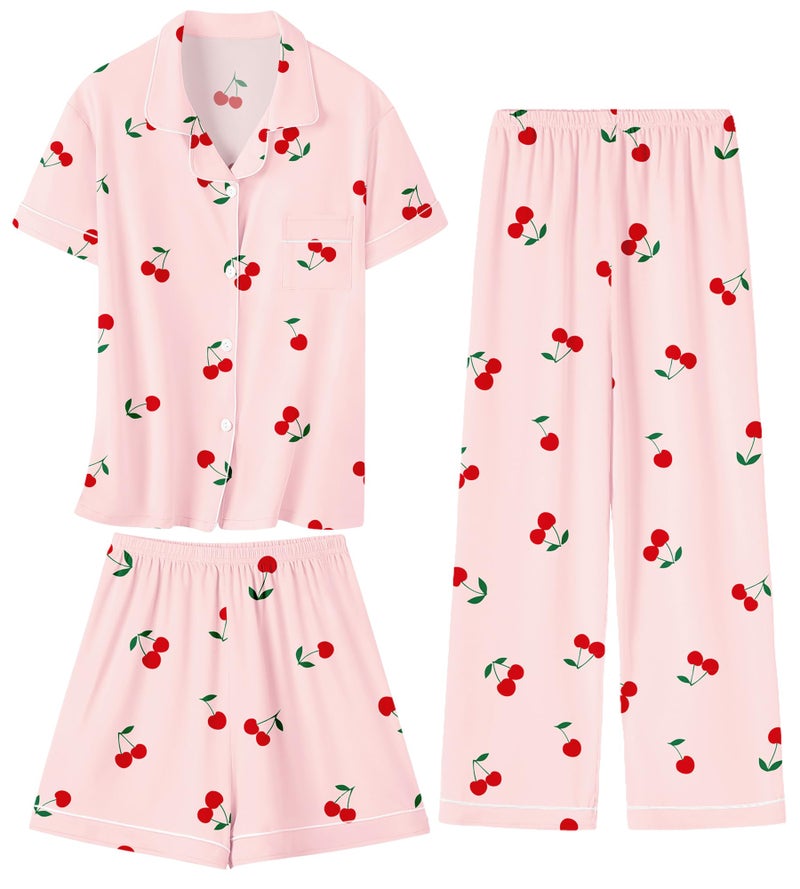 Umeyda Pajamas for Girls Set 3 Piece Sleepwear Button-Down Short Sleeve Pj Set Cute Loungewear, Cherry, 9-10 Years - Image 1