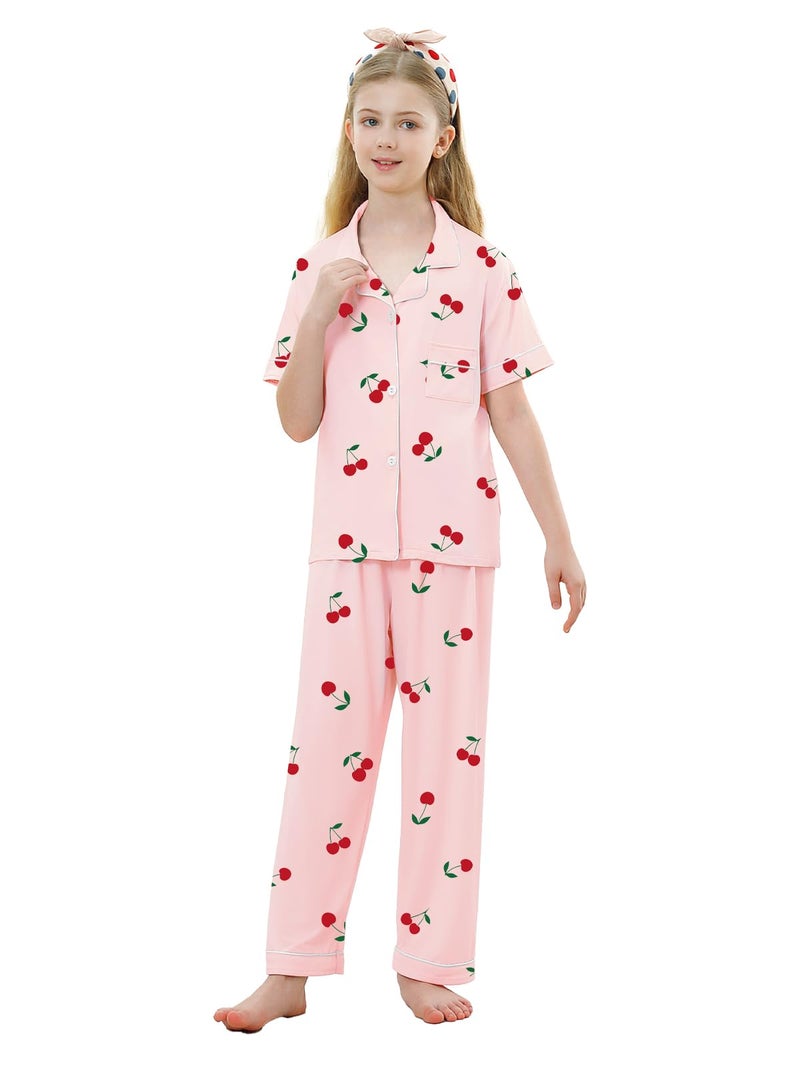 Umeyda Pajamas for Girls Set 3 Piece Sleepwear Button-Down Short Sleeve Pj Set Cute Loungewear, Cherry, 9-10 Years - Image 4