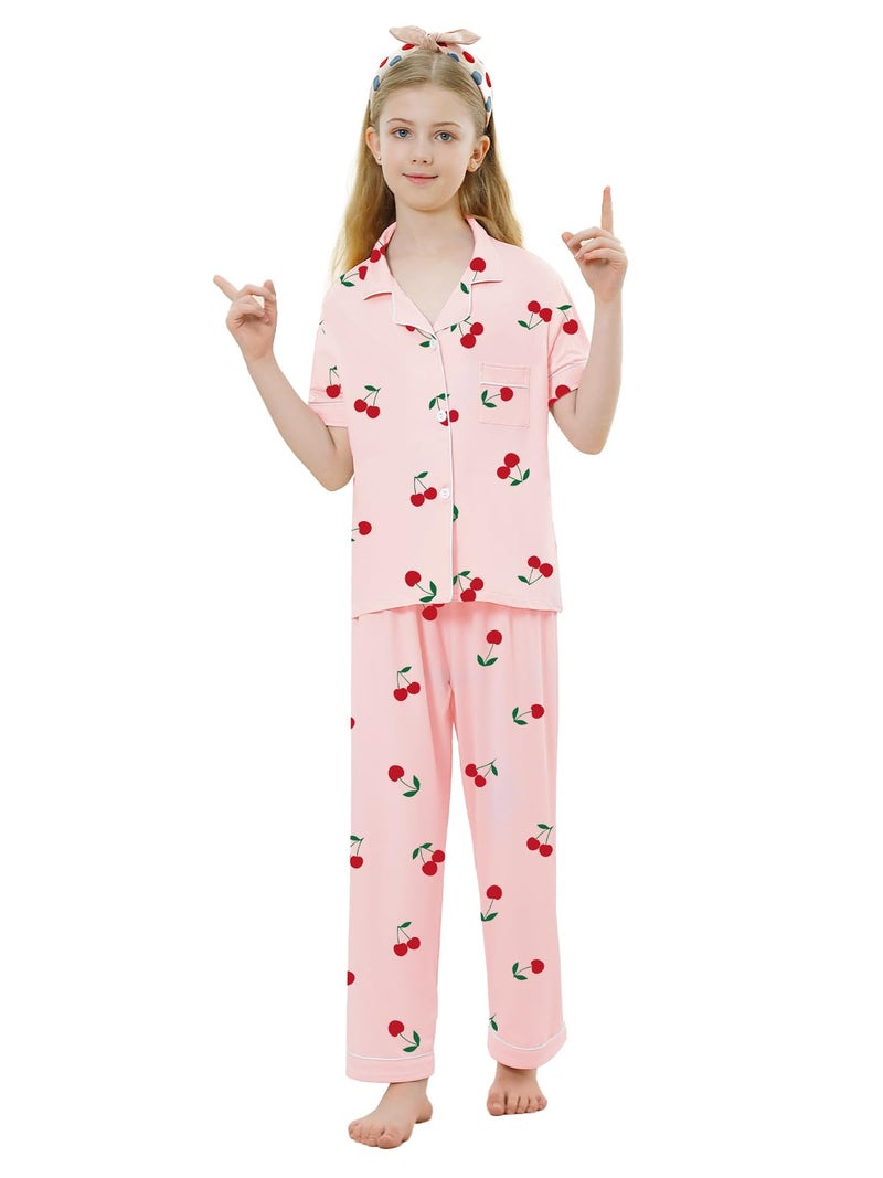 Umeyda Pajamas for Girls Set 3 Piece Sleepwear Button-Down Short Sleeve Pj Set Cute Loungewear, Cherry, 9-10 Years - Image 5