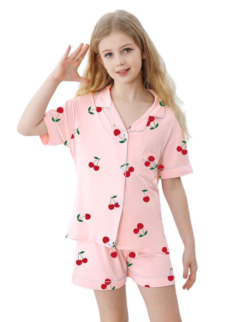 Umeyda Pajamas for Girls Set 3 Piece Sleepwear Button-Down Short Sleeve Pj Set Cute Loungewear, Cherry, 9-10 Years - Image 2