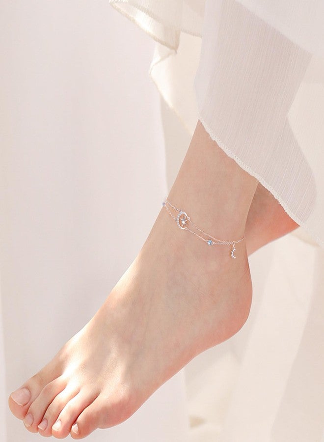 Flyow Anklets for Women 925 Sterling Silver Moon Star Adjustable Foot Anklet Moonstone Boho Summer Beach Double Layer Anklets Bracelet Jewelry for Women Birthday Holiday Christmas - Image 5
